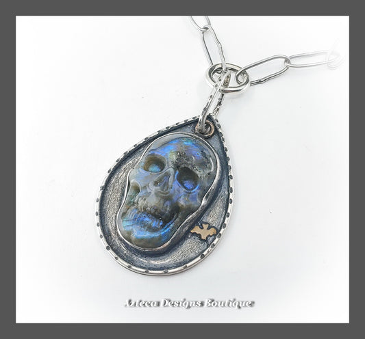 Carved Labradorite Skull Necklace + Hand Fabricated Argentium Silver