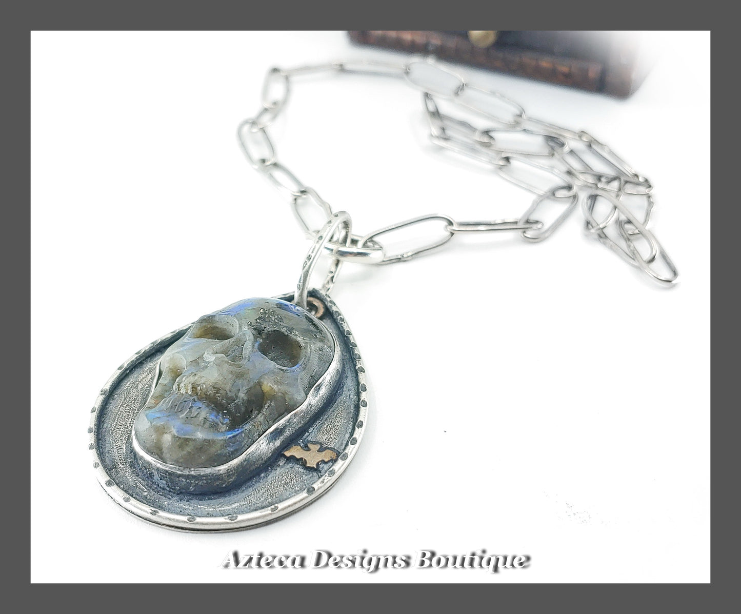 Carved Labradorite Skull Necklace + Hand Fabricated Argentium Silver