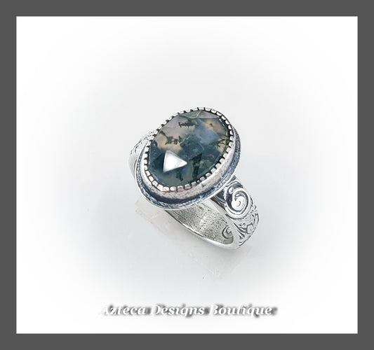 CUSTOM ORDER For "C" Size 8 + Moss Agate Sterling Silver Floral Band Hand Fabricated Ring