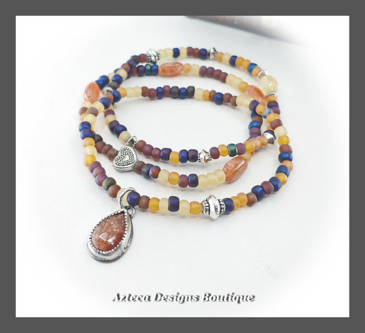 Desert Sunrise + Sunstone + Glass Seed Bead + Gemstone Stretch Bracelet SET of THREE
