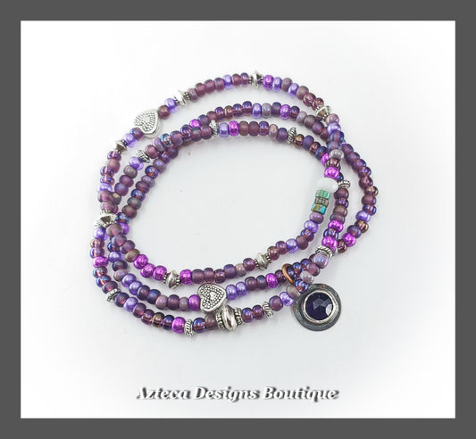 Purple Sunset + Amethyst+ Glass Seed Bead + Gemstone Stretch Bracelet SET of THREE
