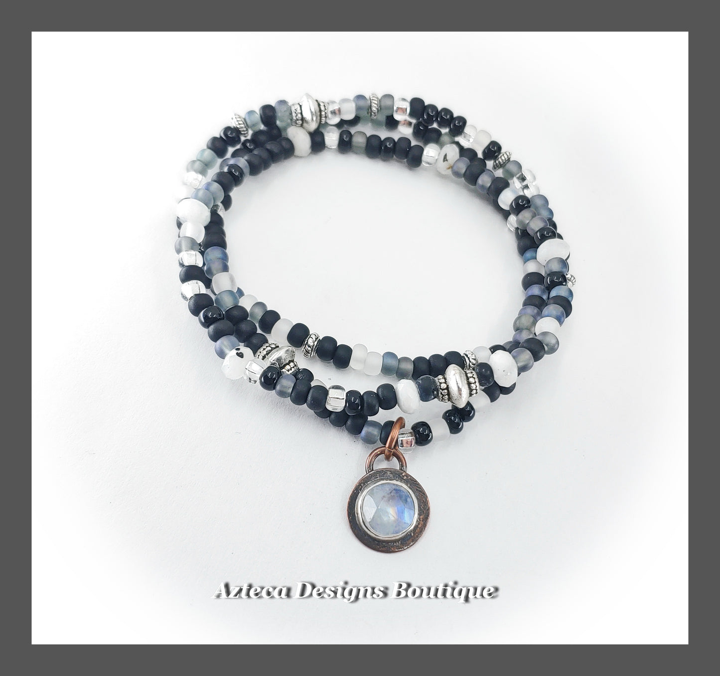 Midnight Magic + Rainbow Moonstone + Glass Seed Bead + Gemstone Stretch Bracelet SET of THREE