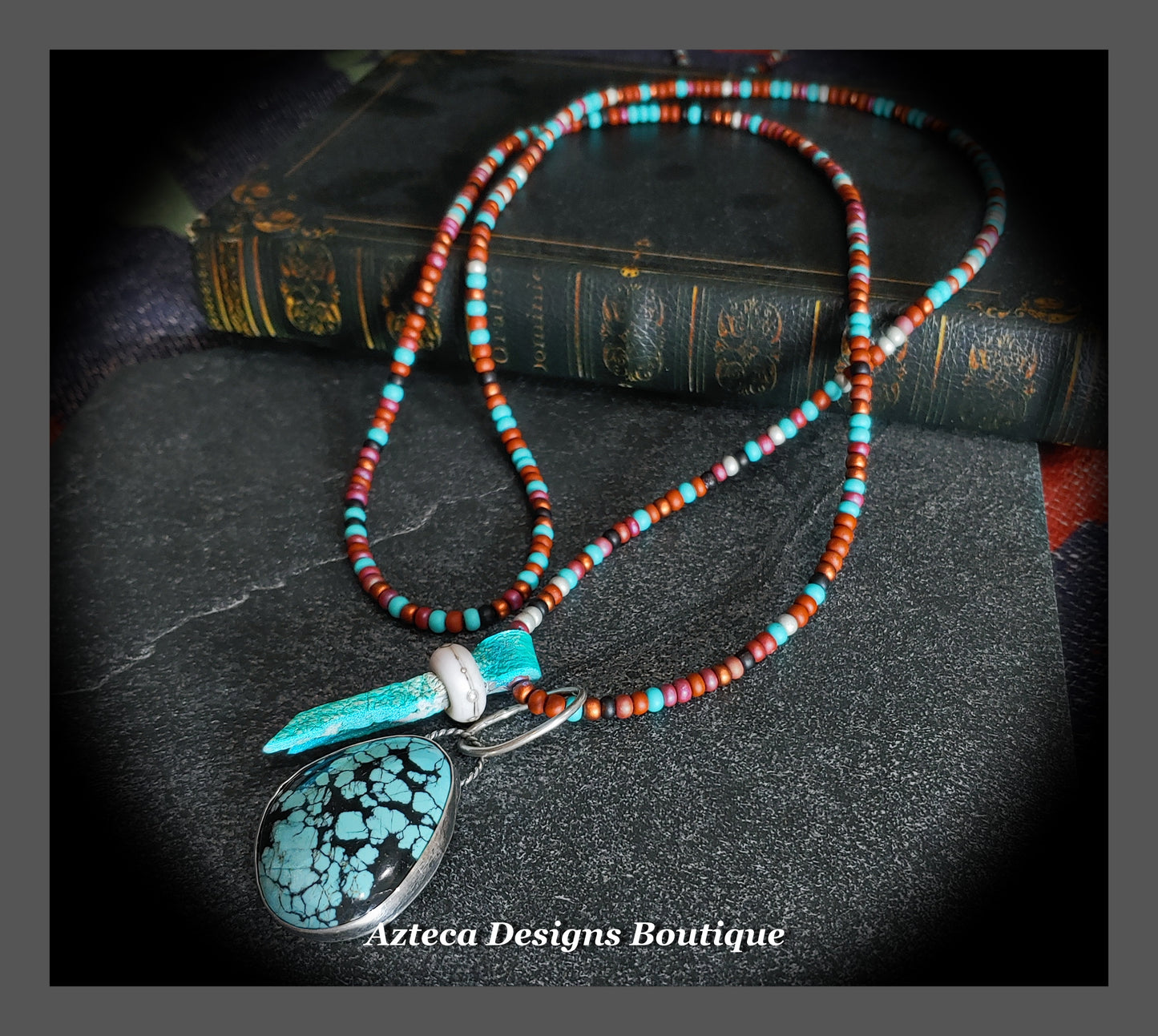 Hubei Turquoise Long Beaded Necklace + Hand Fabricated Argentium Silver + Leather + Glass Beads