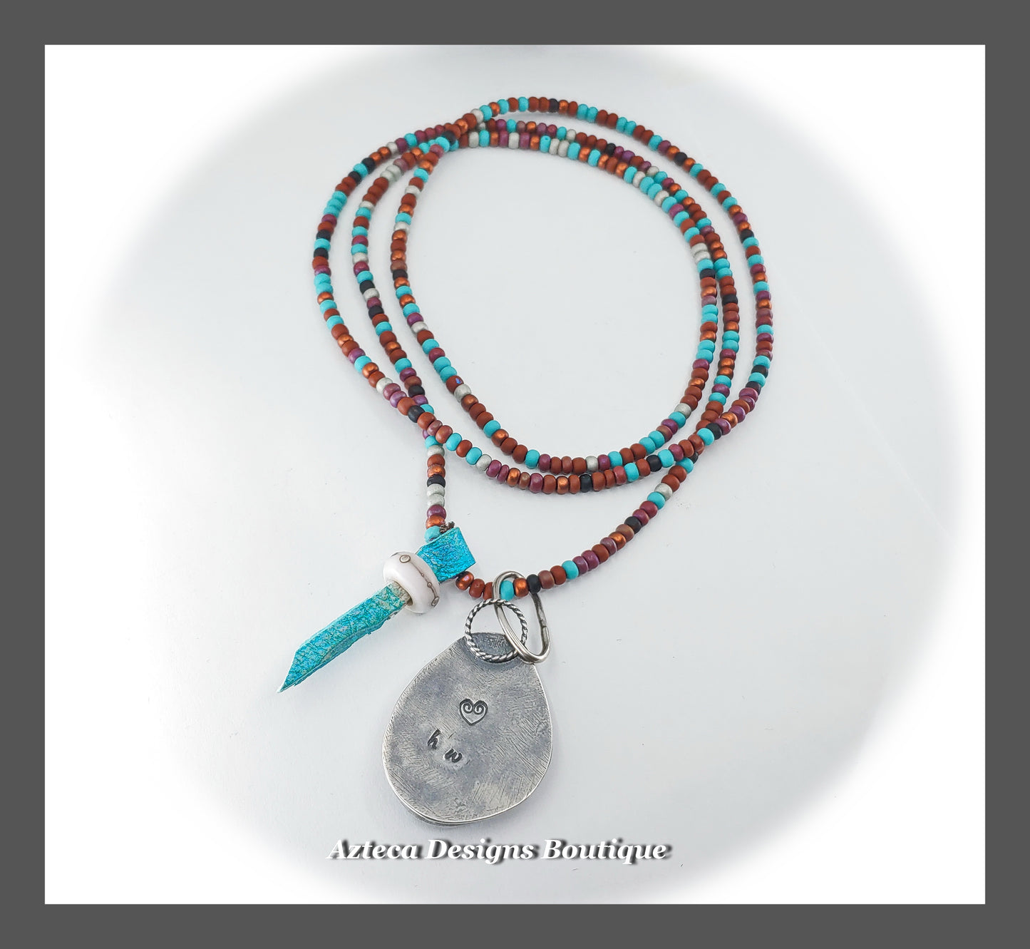 Hubei Turquoise Long Beaded Necklace + Hand Fabricated Argentium Silver + Leather + Glass Beads