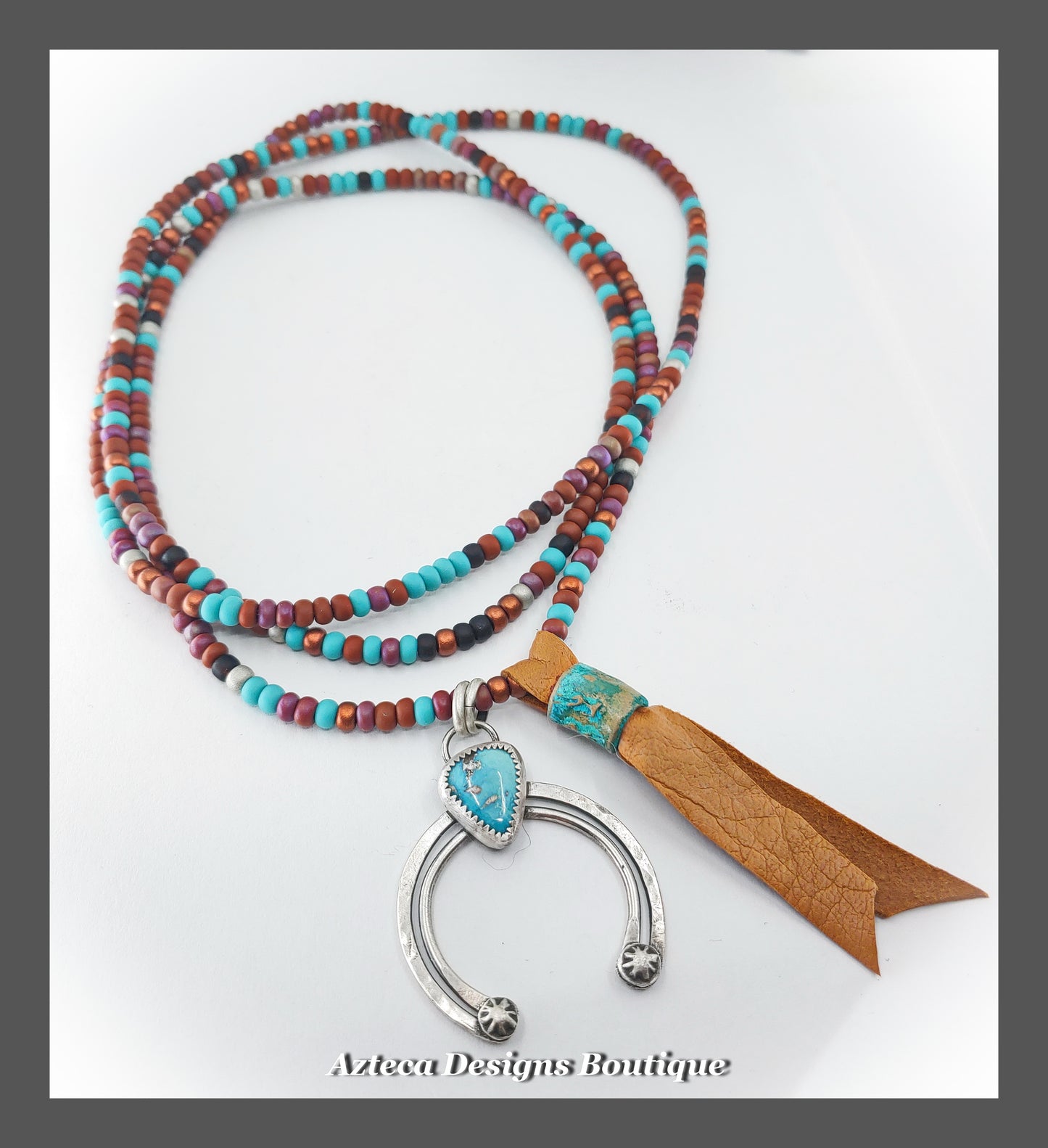 Pinto Valley Turquoise Long Beaded Necklace + Hand Fabricated Argentium Silver + Leather + Glass Beads