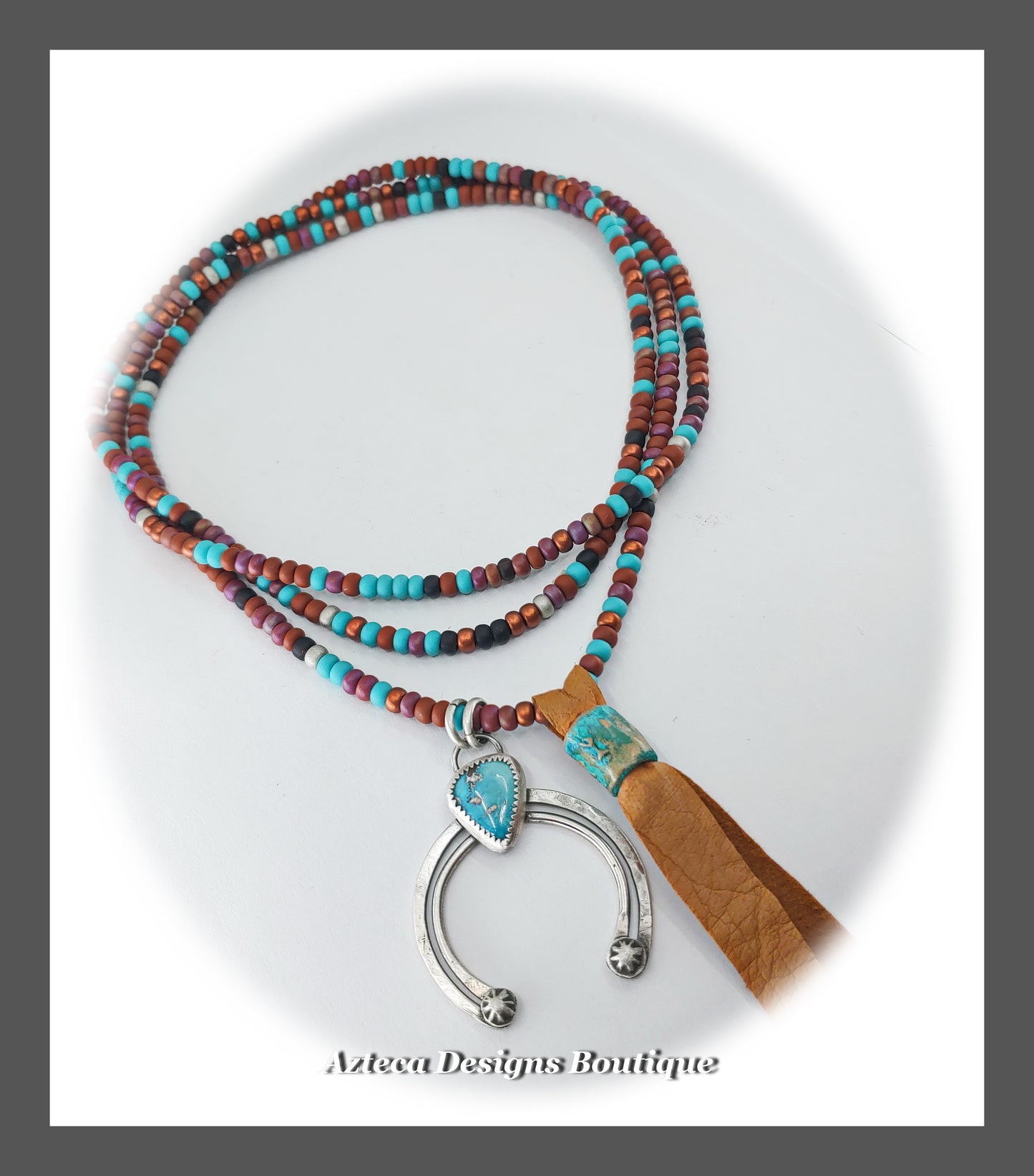 Pinto Valley Turquoise Long Beaded Necklace + Hand Fabricated Argentium Silver + Leather + Glass Beads