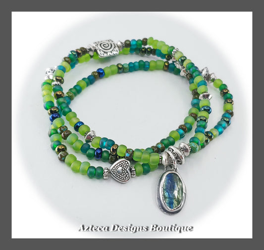 Spring Green + Mint Blue Bi Color Kyanite + Glass Seed Bead + Gemstone Stretch Bracelet SET of THREE