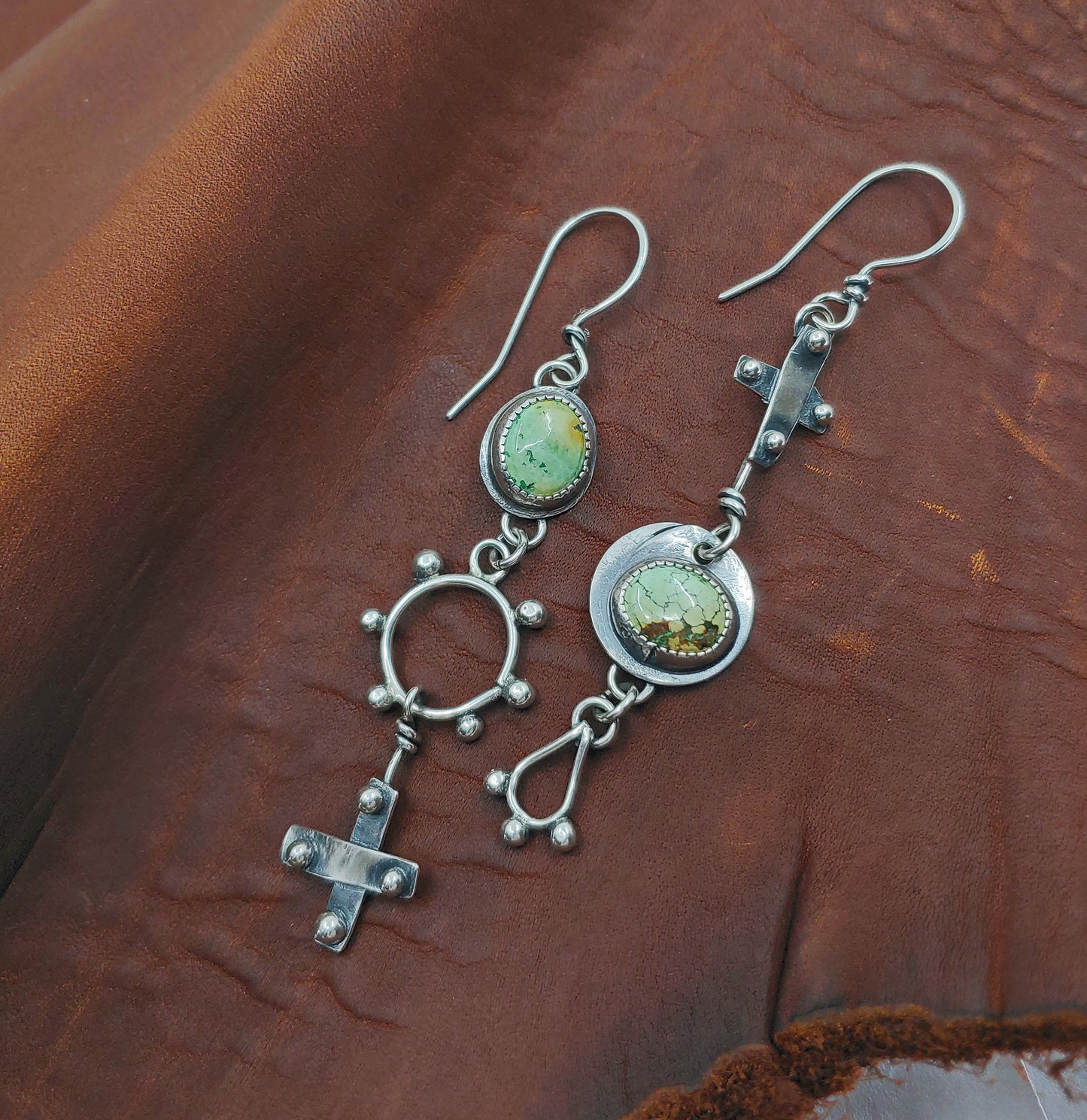 Green Turquoise + Argentium Silver Asymmetrical Rustic Cross Hand Fabricated Earrings