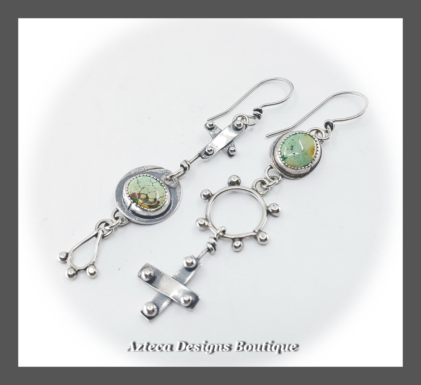 Green Turquoise + Argentium Silver Asymmetrical Rustic Cross Hand Fabricated Earrings