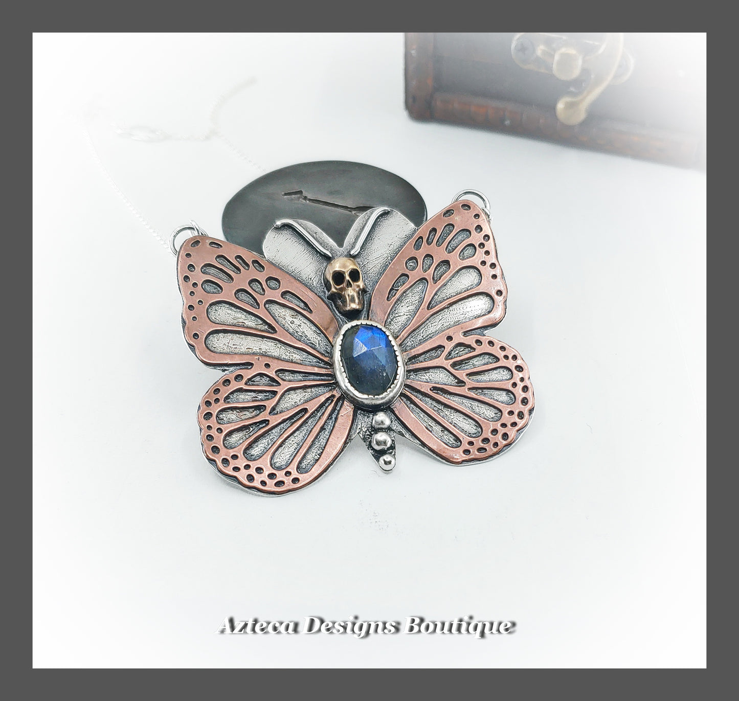 Blue Labradorite Death Head Butterfly Necklace + Sterling Silver + Copper + Bronze