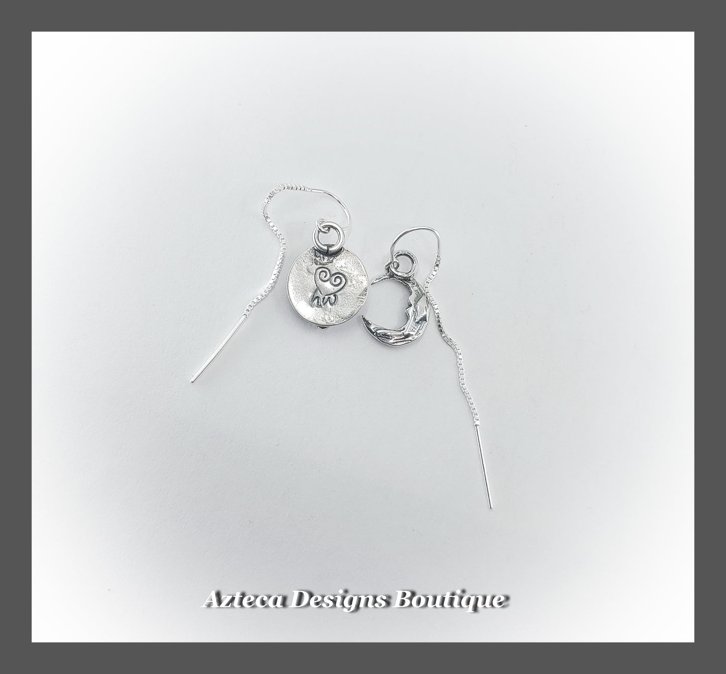 Rainbow Moonstone + Moon Face Asymmetrical U-Style Box Chain Threader Sterling Silver Earrings