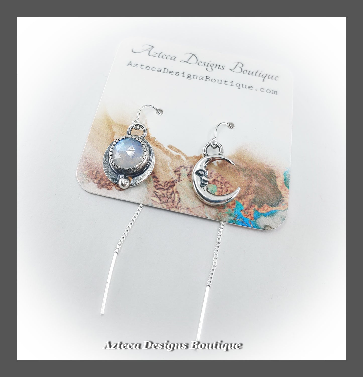 Rainbow Moonstone + Moon Face Asymmetrical U-Style Box Chain Threader Sterling Silver Earrings