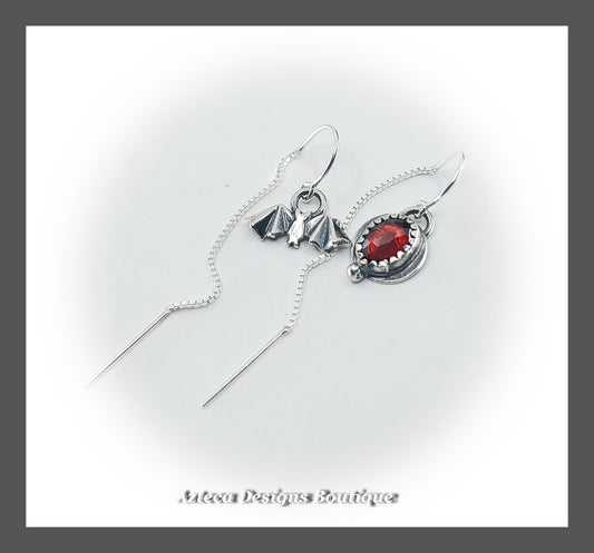 Red Garnet + Bat Sterling Silver Asymmetrical U Style Box Chain Threader Earrings