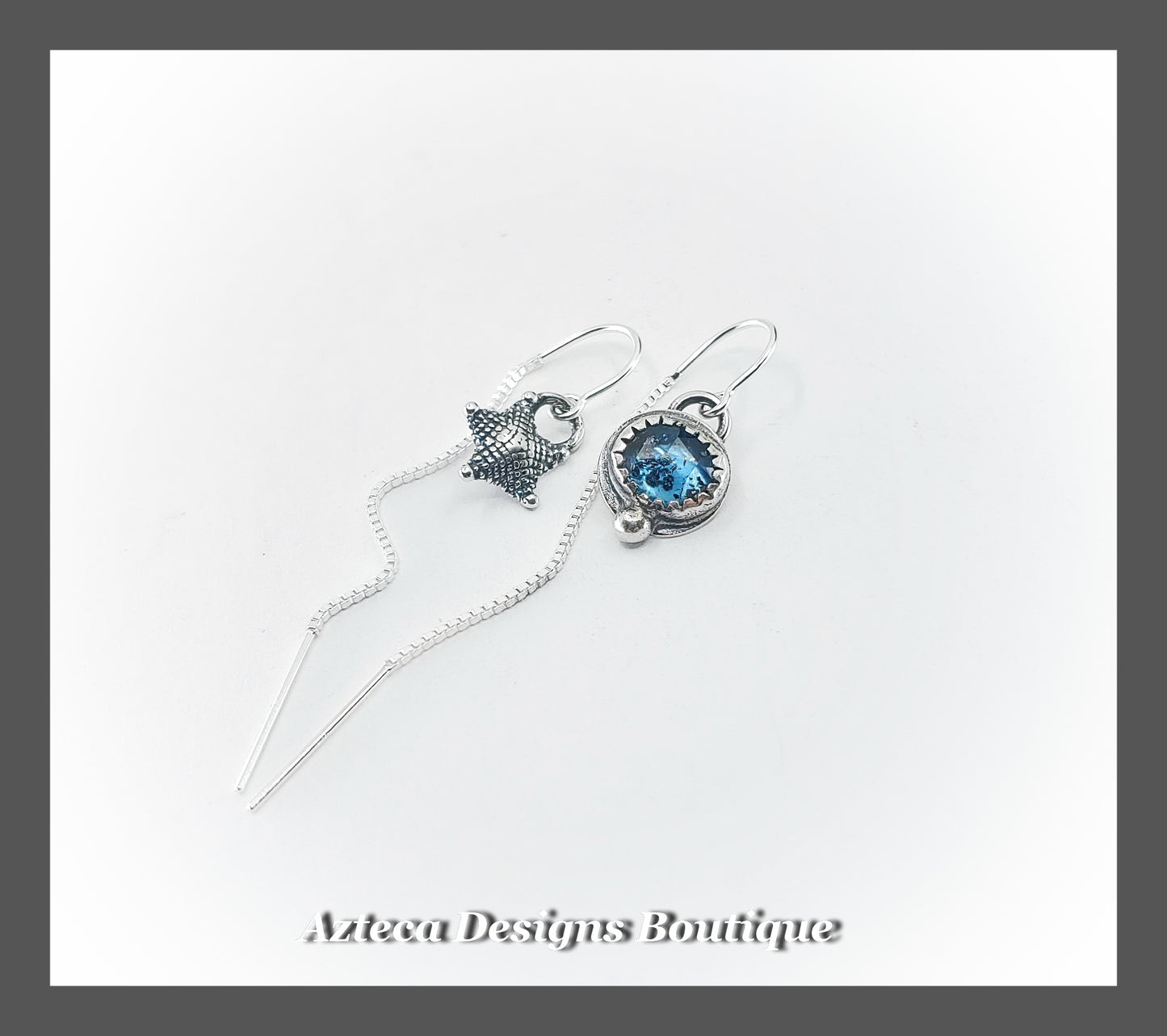 Teal Moss Kyanite + Starfish Sterling Silver Asymmetrical U Style Box Chain Threader Earrings