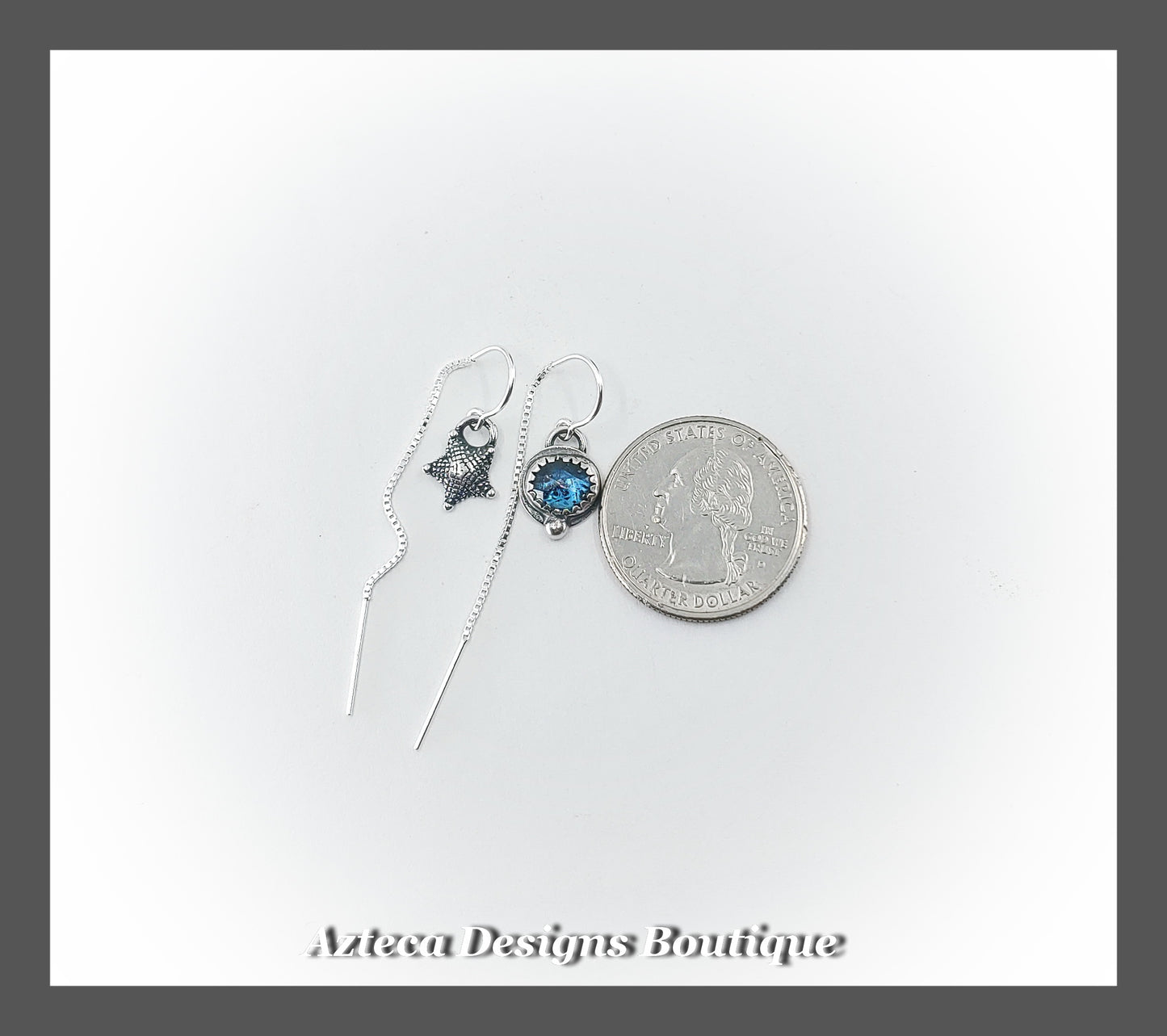 Teal Moss Kyanite + Starfish Sterling Silver Asymmetrical U Style Box Chain Threader Earrings