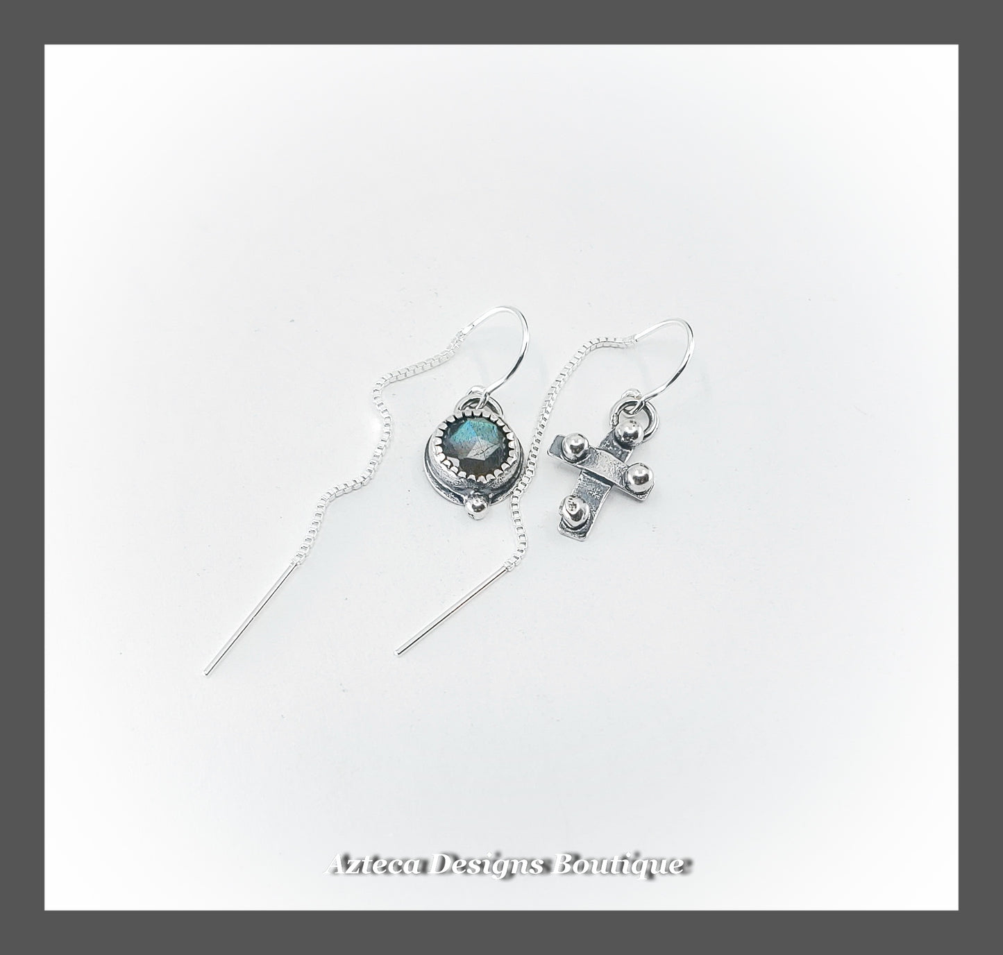 Blue Green Labradorite + Rustic Cross Sterling Silver Asymmetrical U Style Box Chain Threader Earrings