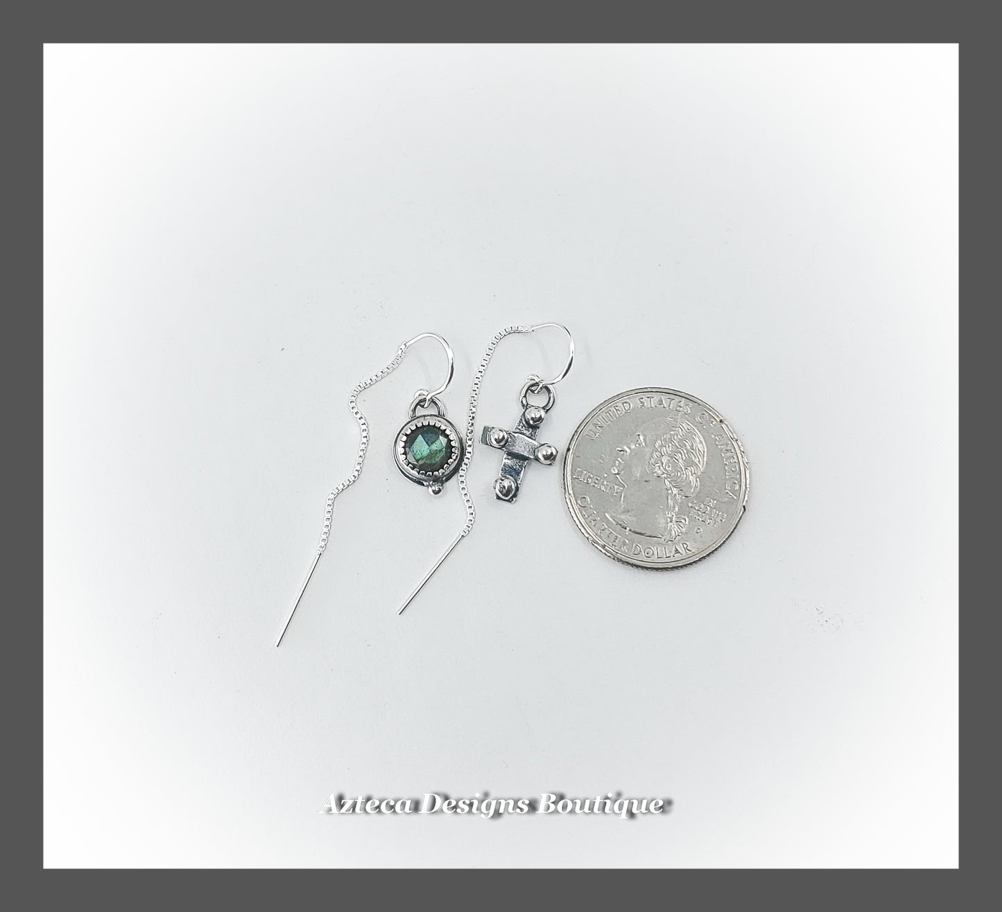 Blue Green Labradorite + Rustic Cross Sterling Silver Asymmetrical U Style Box Chain Threader Earrings
