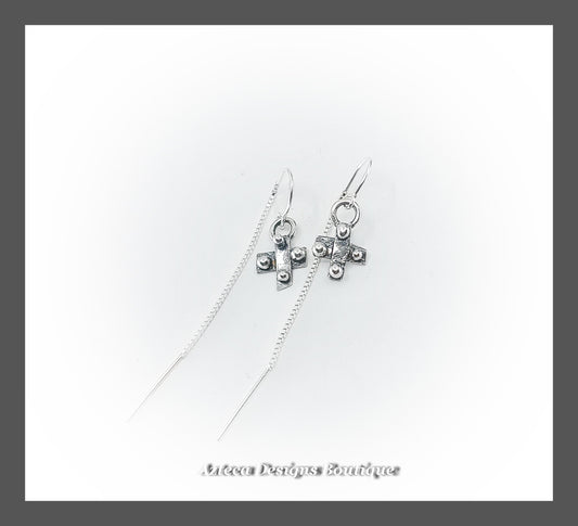 Rustic Cross Sterling Silver  U Style Box Chain Threader Earrings