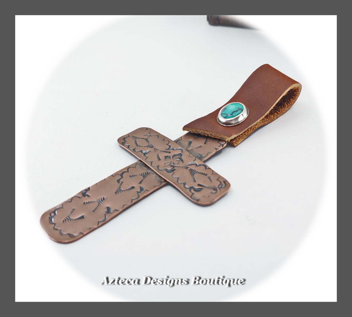 Hand Stamped Rustic Copper + Turquoise + Leather Cross Pendant