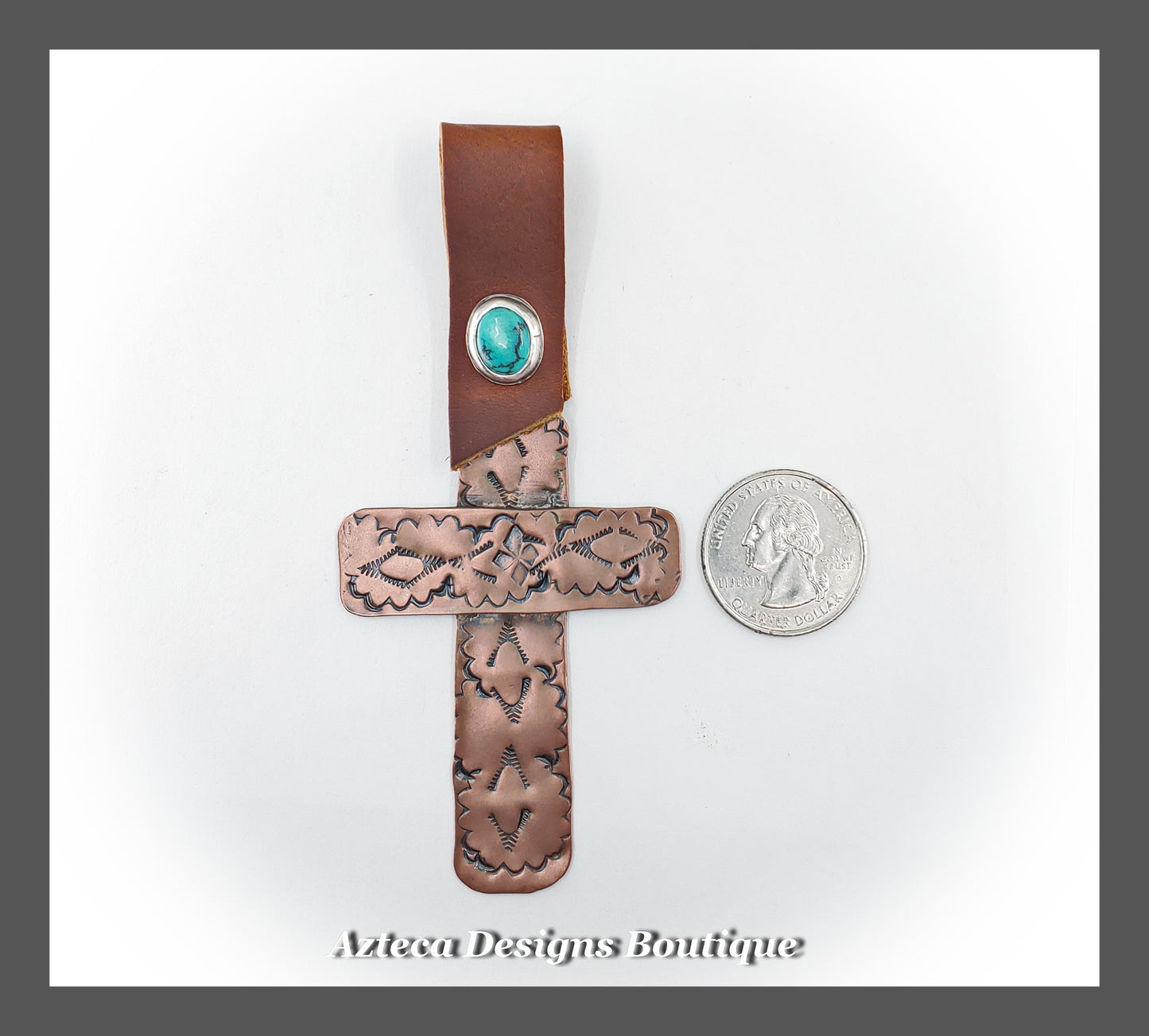 Hand Stamped Rustic Copper + Turquoise + Leather Cross Pendant