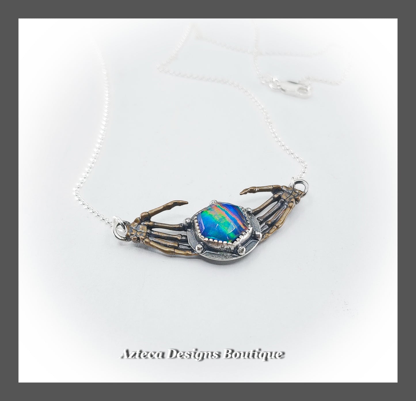 Aurora Opal + Skeleton Hands Hand Fabricated Sterling Silver Necklace