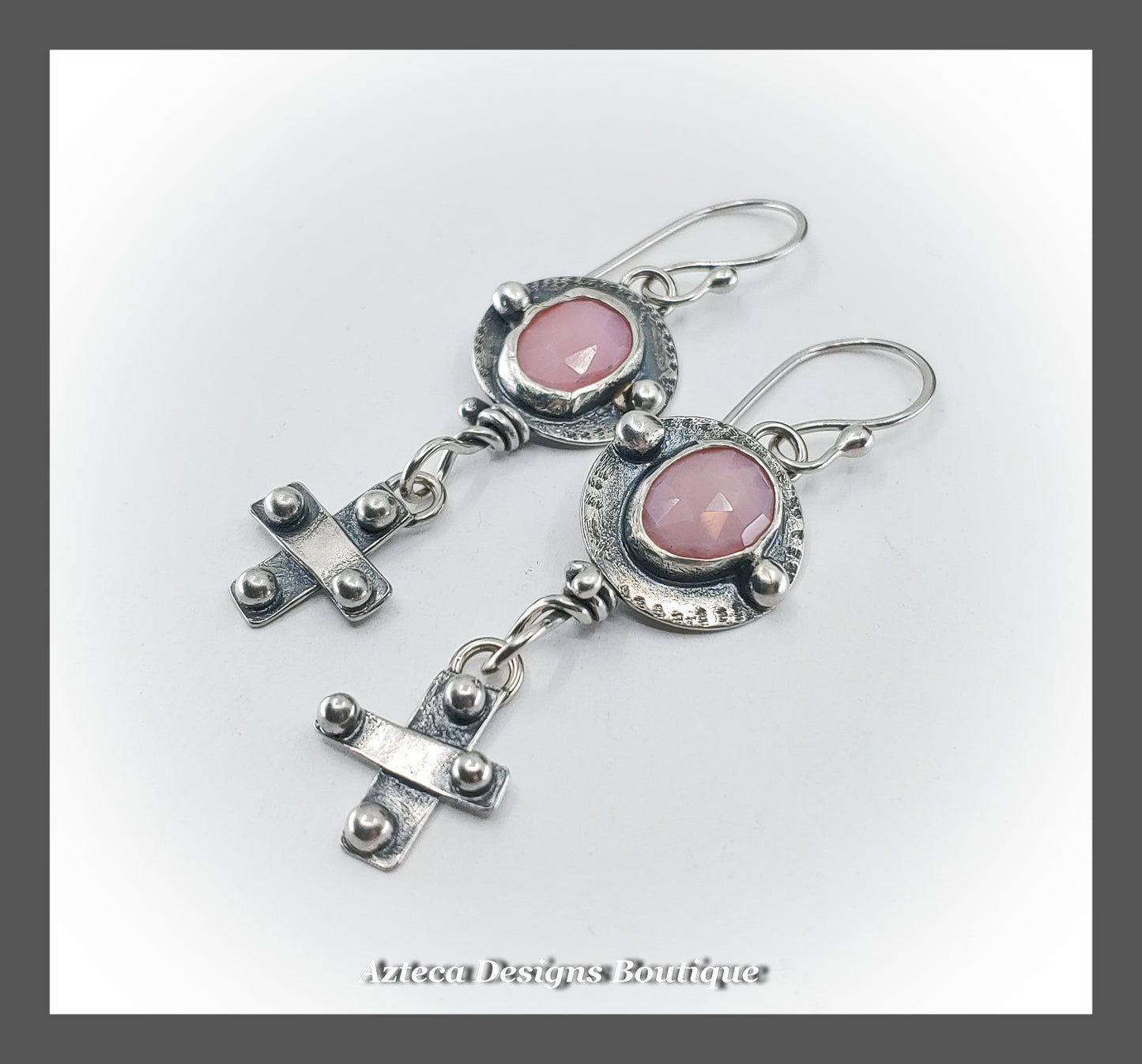 Pink Opal + Rustic Cross Hand Fabricated Argentium Silver Earrings