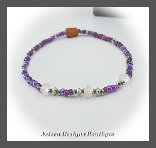Rose Quartz + Purple + Stretchy Ankle Bracelet + 10 Inches