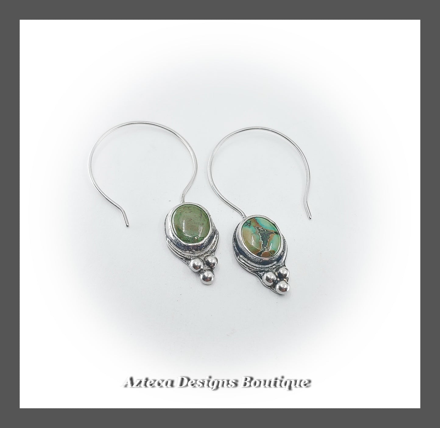 Green Tibetan Turquoise Hand Fabricated Argentium Silver Semi Hoop Earrings