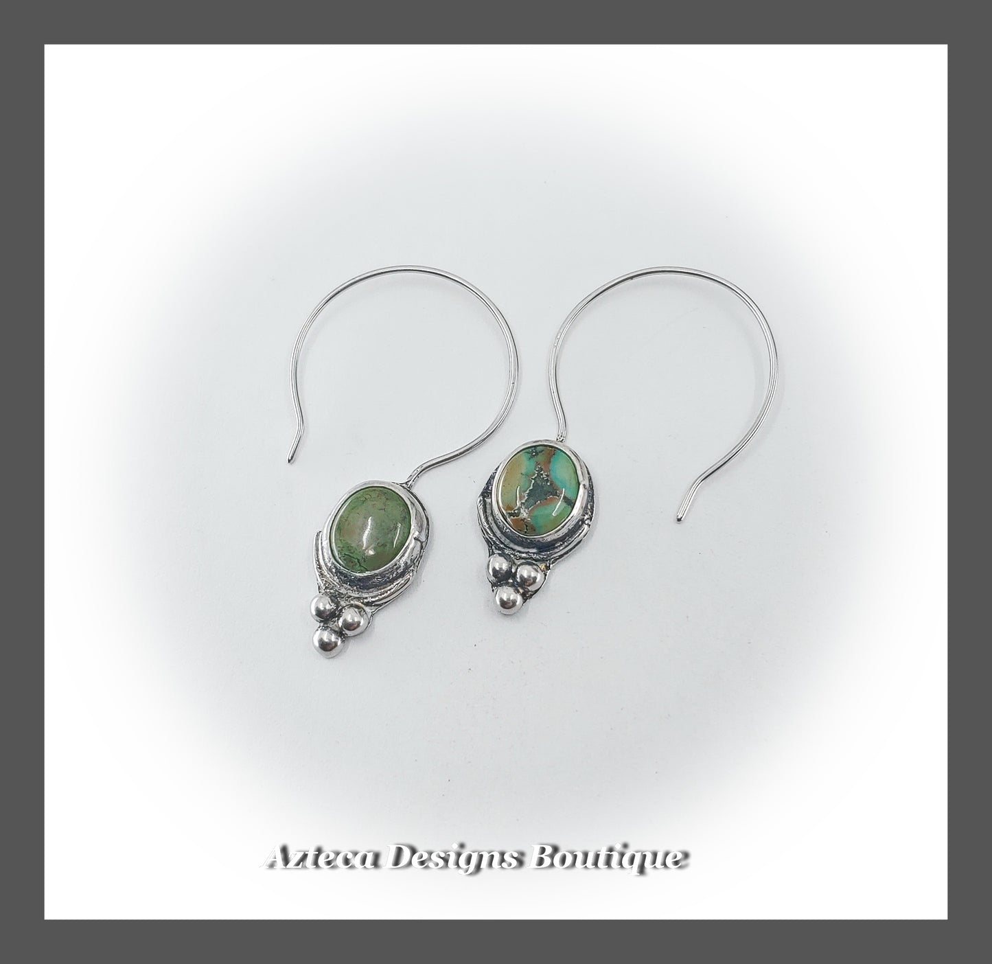 Green Tibetan Turquoise Hand Fabricated Argentium Silver Semi Hoop Earrings