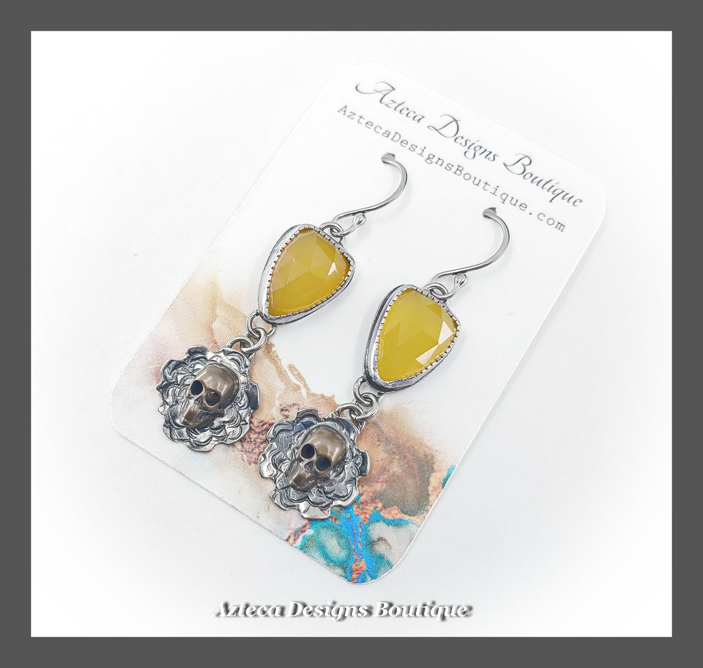 Yellow Chalcedony Gemstone + Argentium Silver + Skull Flowers Earrings