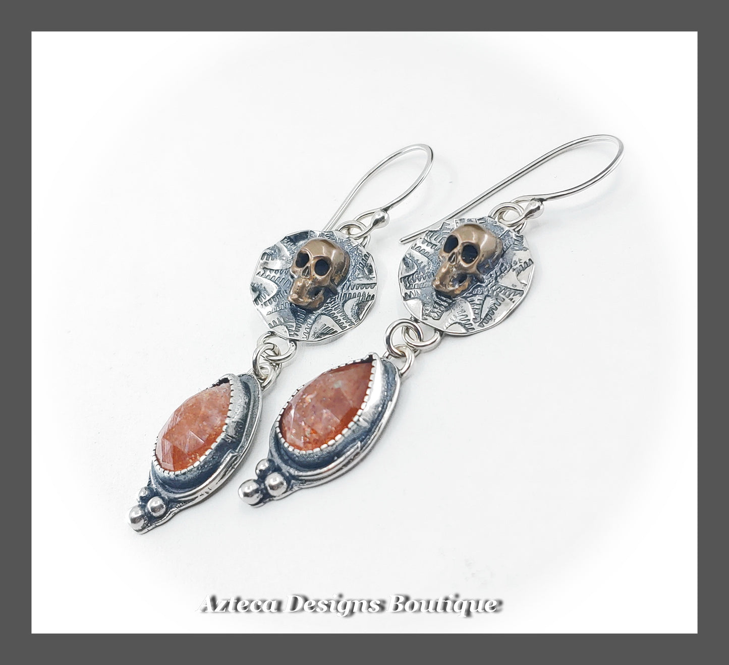 Sunstone Gemstone + Argentium Silver + Bronze Skull Flowers Earrings
