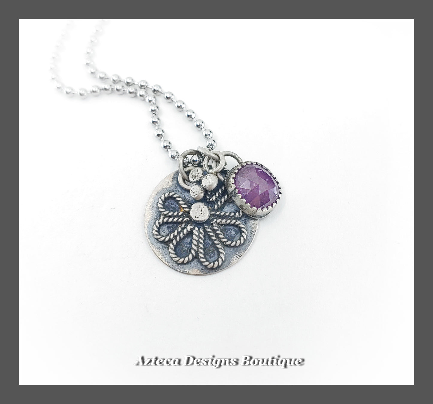 Rosecut Raspberry Pink Sapphire Floral Hand Fabricated Charm Necklace
