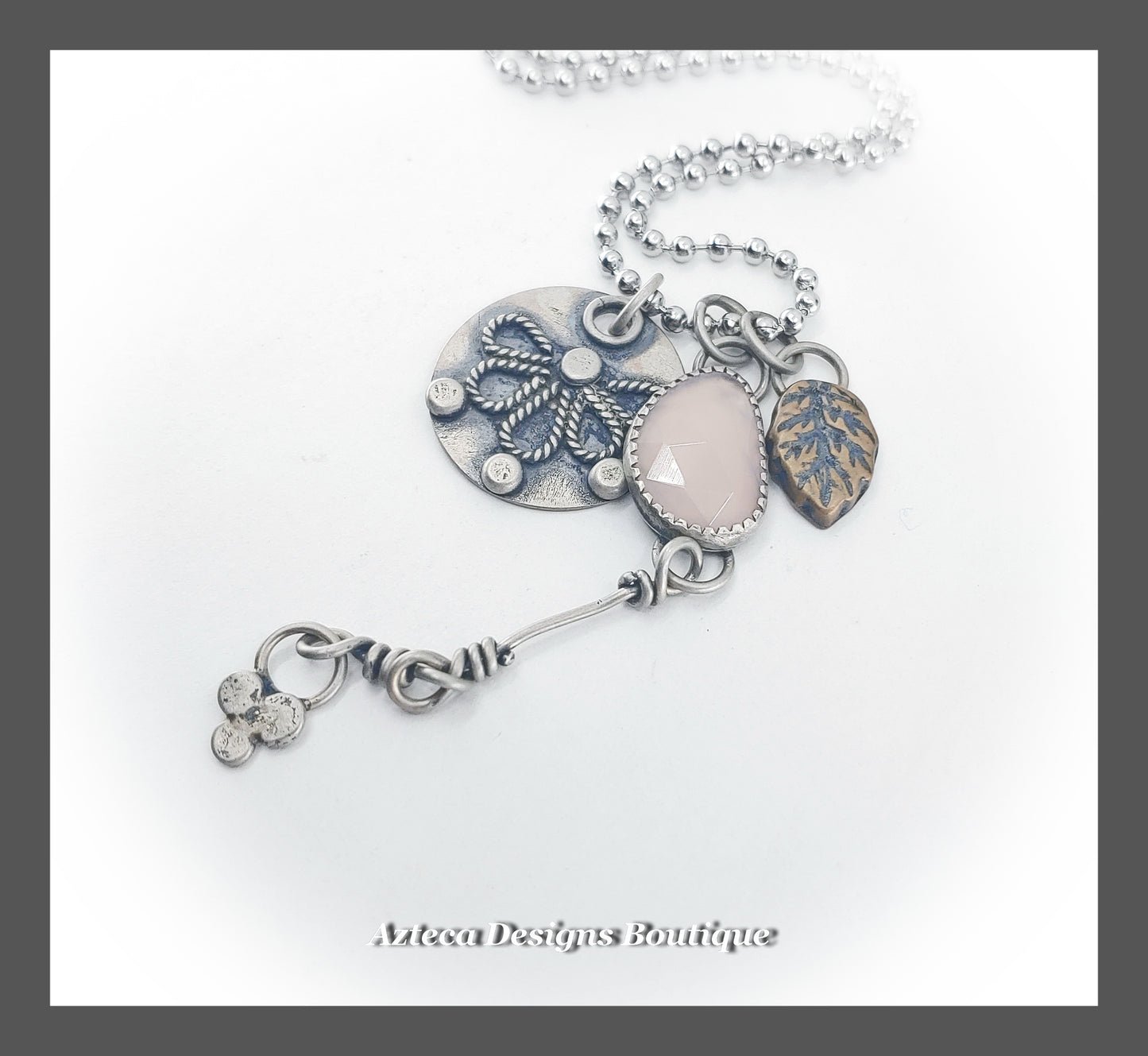 Pink Chalcedony Floral Hand Fabricated Charm Necklace