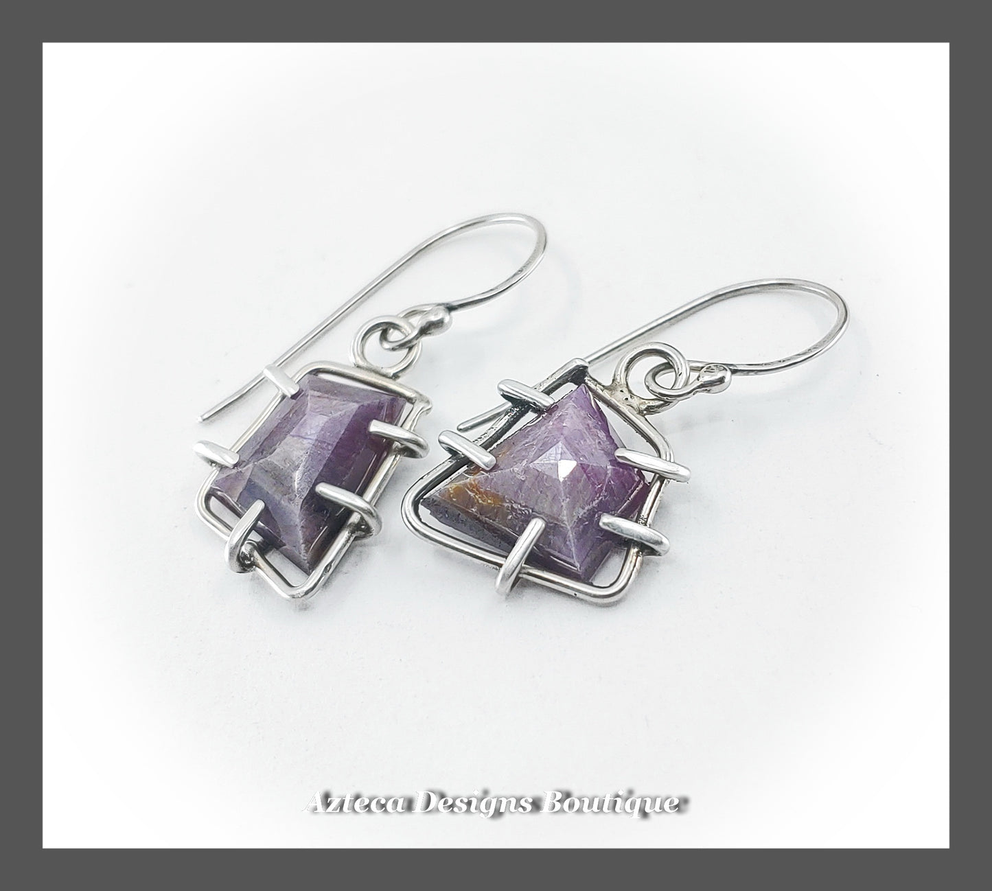 Purple Sheen Sapphire + Geometric + Argentium Silver Prong Earrings