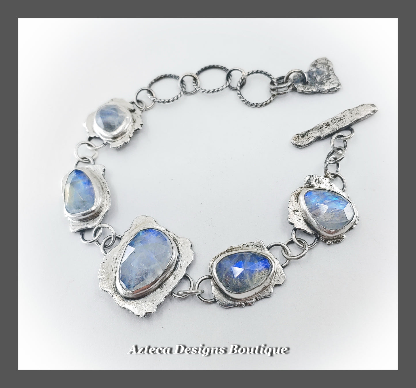 Rainbow Moonstone Gemstone + Hand Fabricated Rustic Sterling Silver Artisan Bracelet