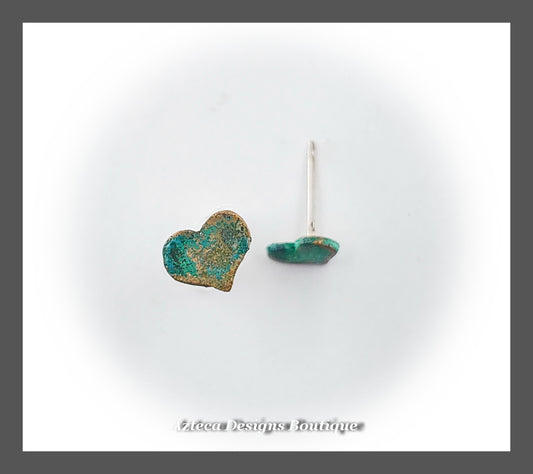 Blue Green Patina Bronze Heart + Sterling Silver Post Earrings