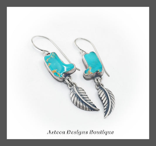Boots~ Kingman Turquoise Boots + Feather Charm Sterling Silver Earrings