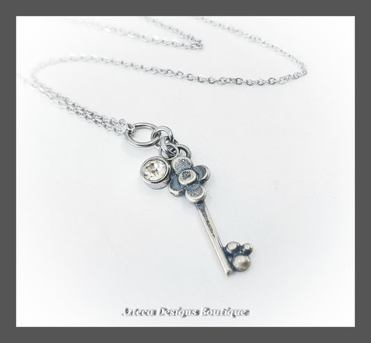 Key Charm Necklace + Hand Fabricated Sterling Silver Key + Stainless Steel + Cubic Zirconia