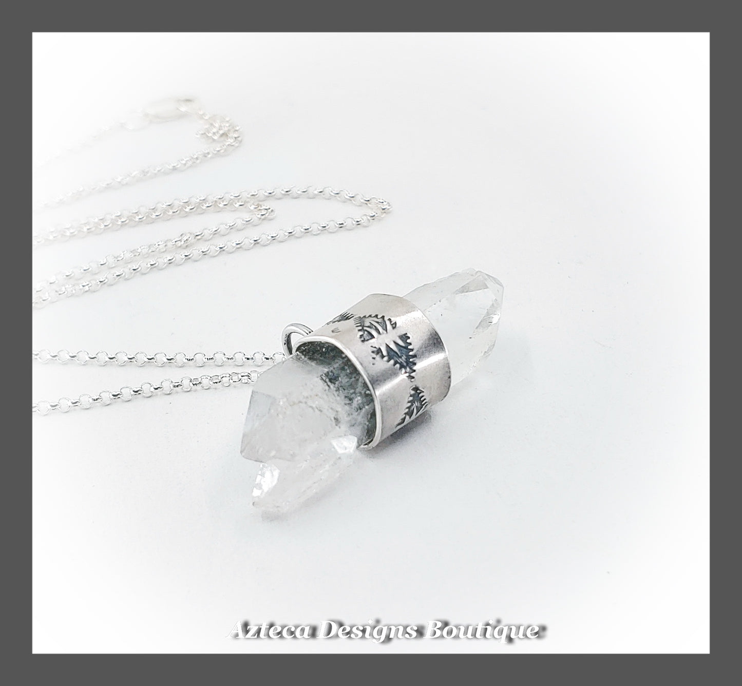 Clear Quartz Crystal + Horizontal Hand Fabricated Sterling Silver Necklace