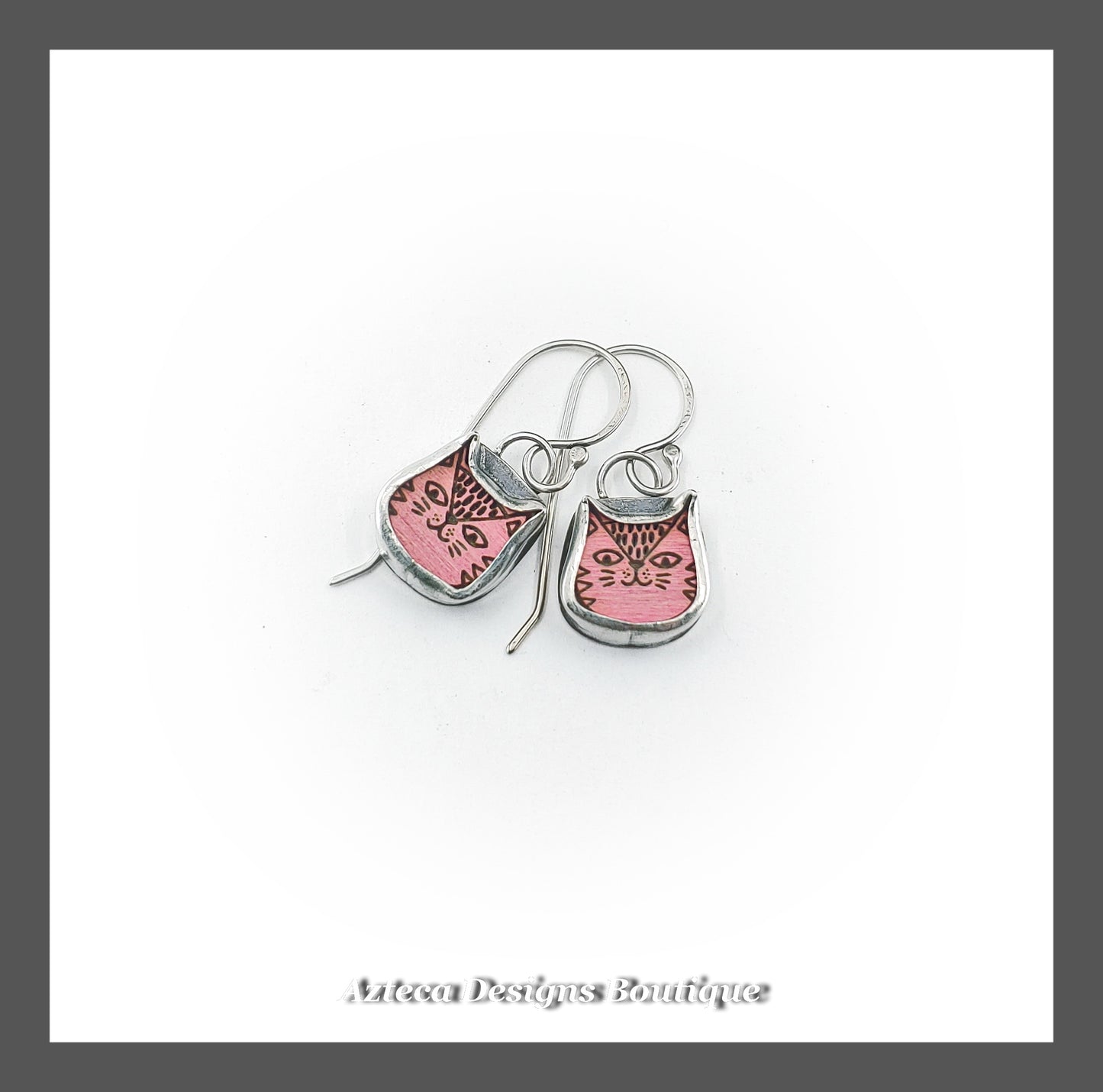 Pink Kitty + Hand Fabricated Argentium Silver Dangle Earrings