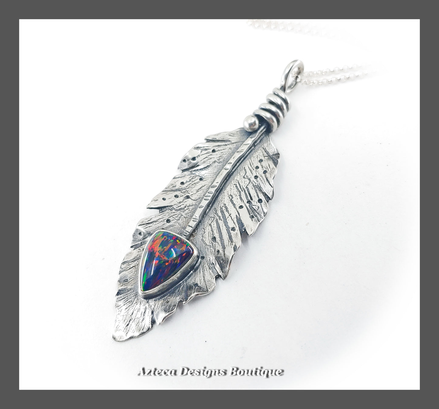 Her Wings+Synthetic 'Opal'+Hand Fabricated Rustic Sterling Silver Feather Necklace