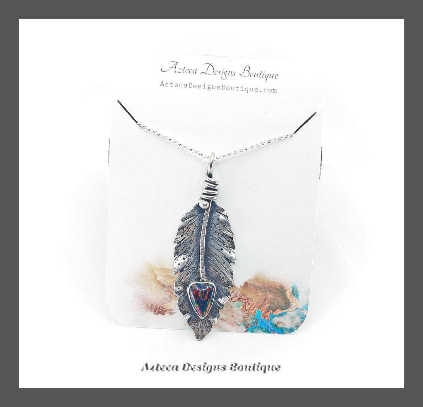 Her Wings+Synthetic 'Opal'+Hand Fabricated Rustic Sterling Silver Feather Necklace