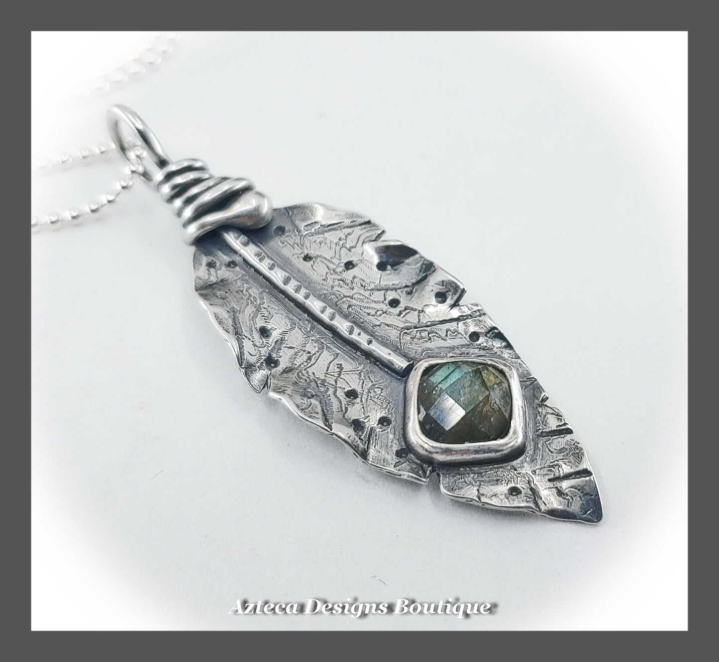 Her Wings + Labradorite+Hand Fabricated Rustic Sterling Silver Feather Necklace
