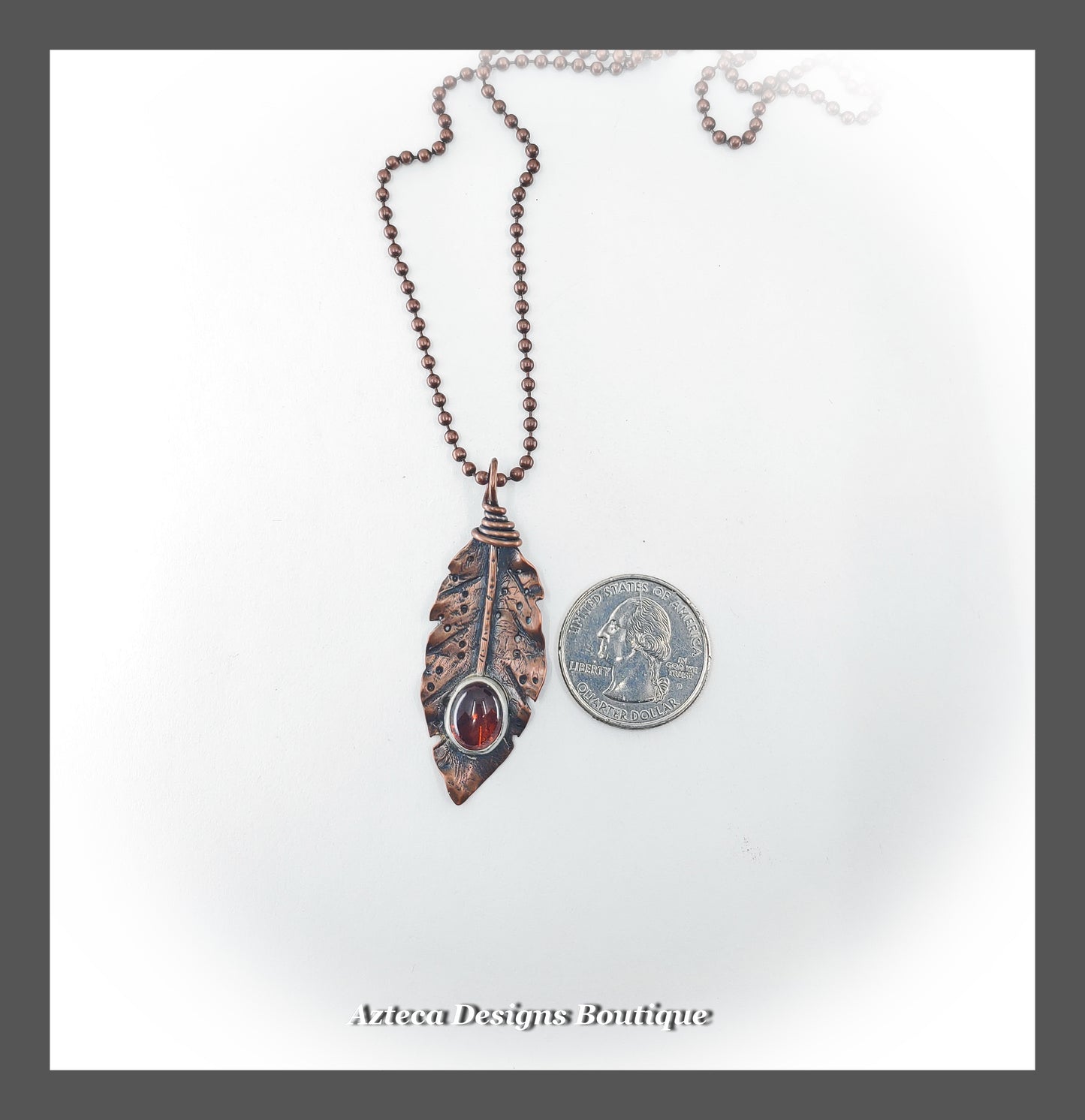 Fossilized Tree Resin + Hand Fabricated Rustic Copper Feather Necklace