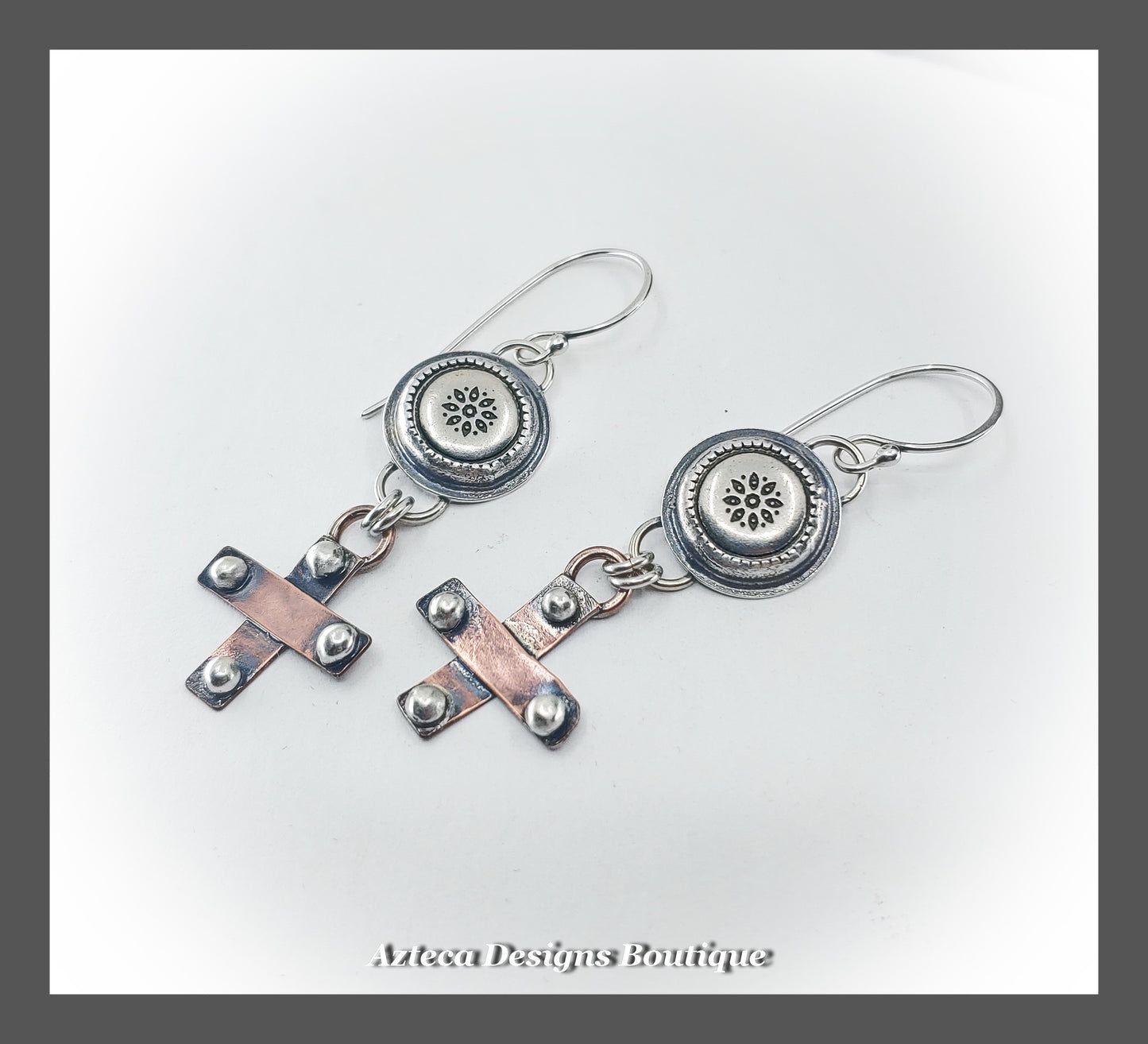 Southwest Copper Cross + Buttons + Argentium Silver Hand Fabricated Earrings