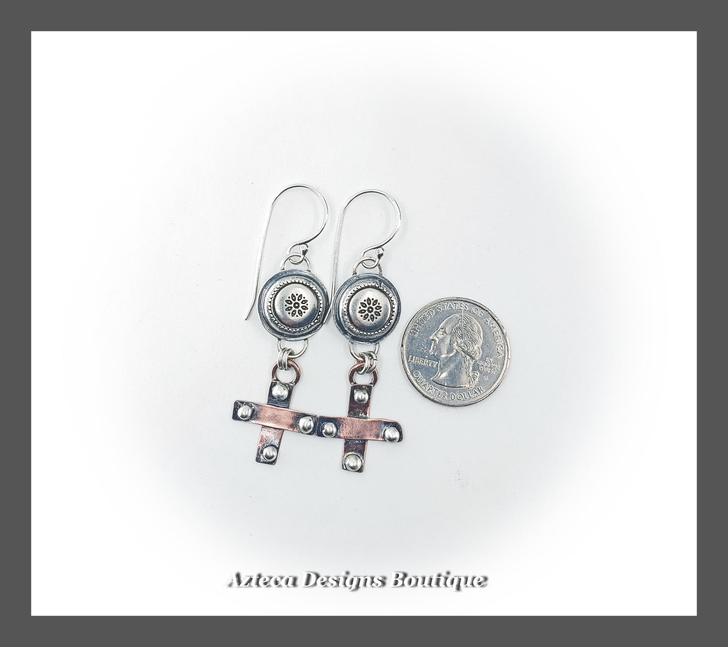 Southwest Copper Cross + Buttons + Argentium Silver Hand Fabricated Earrings