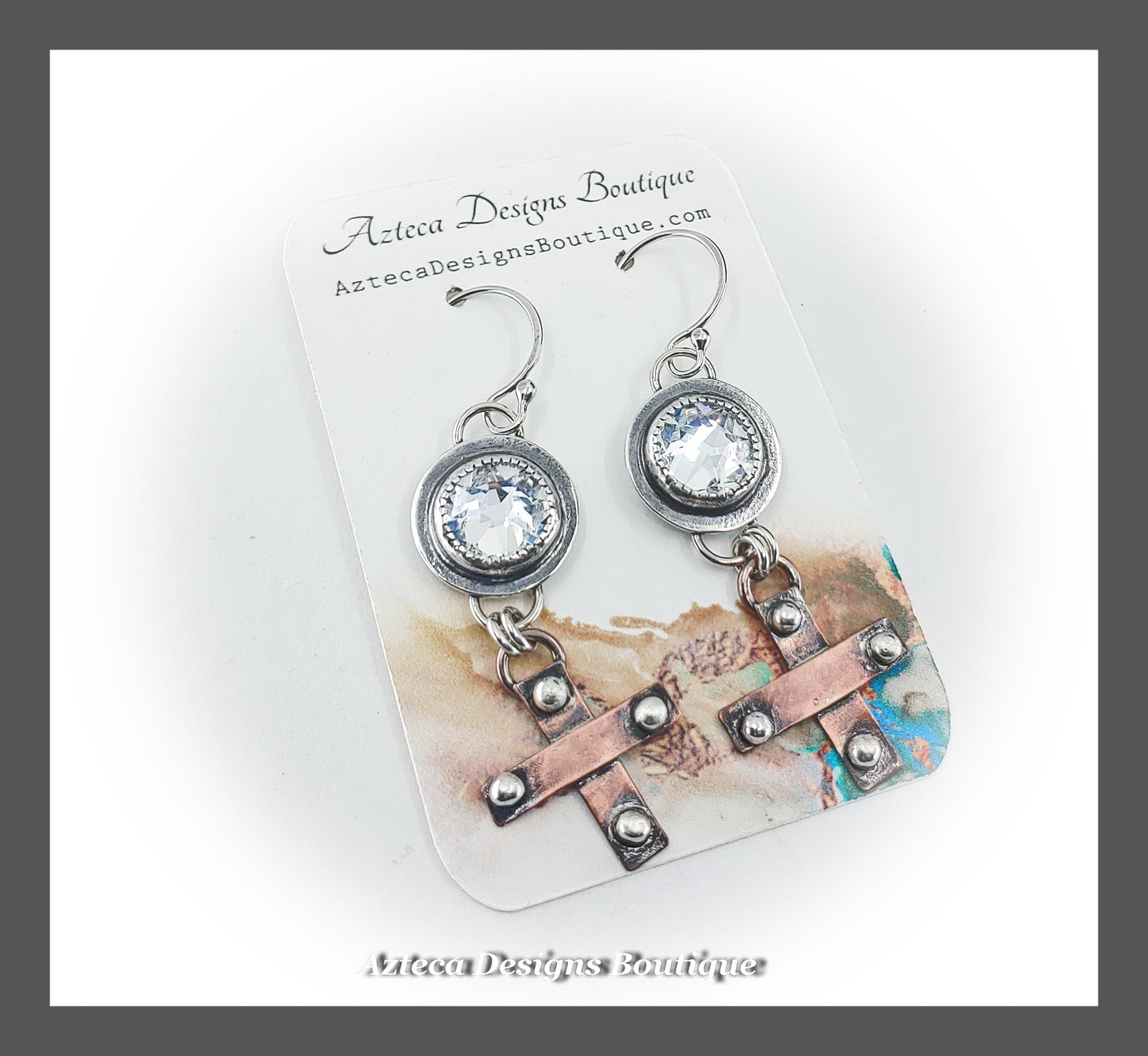 Cowgirl Glam Rustic Southwest Copper Cross + Crystal + Argentium Silver Earrings