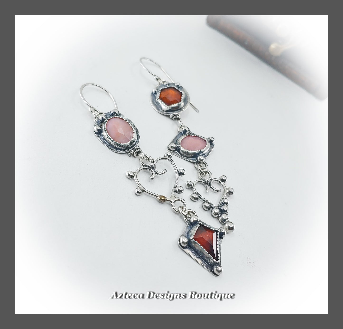Argentium Silver Hearts + Hessonite Garnet + Pink Opal + Asymmetrical Earrings