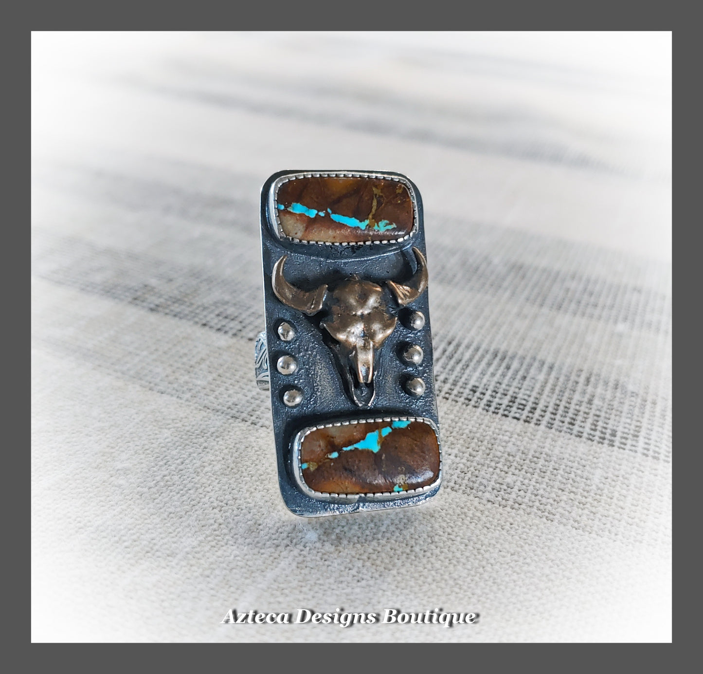 SIZE 10 Royston Ribbon Turquoise + Bronze Bison Skull Sterling Silver Floral Band Western Ring