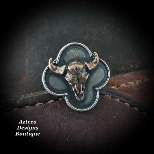 SIZE 8.5 Bronze + Sterling Silver Bison Skull Western Ring